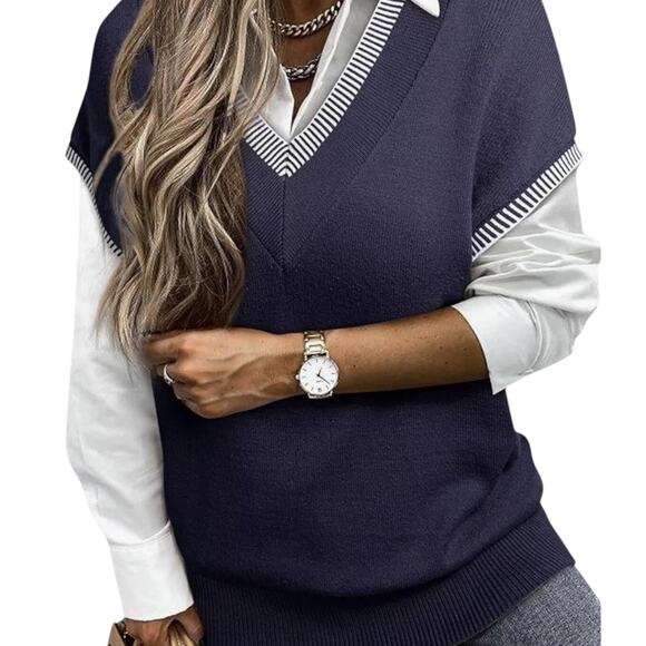 Dokotoo Women's V Neck Sleeveless Sweater Vest Navy Cap Sleeve Blue Size Small - Picture 6 of 6